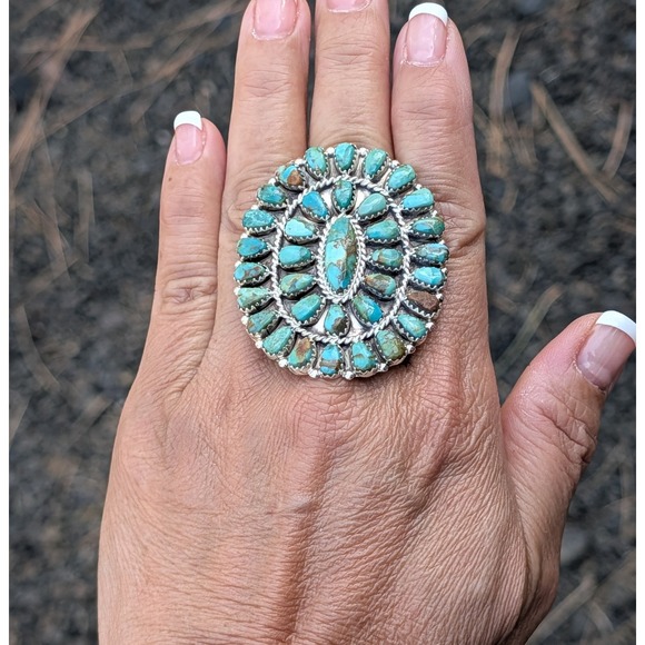 Handcrafted Navajo Cluster Ring Size 7 3/4 Women's Signed Boho Jewelry ** - Picture 9 of 10